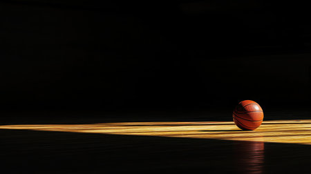 A solitary basketball rests on a wooden court, illuminated by dramatic lighting. The interplay of shadows evokes a sense of calm and athletic grace in an empty space.の素材