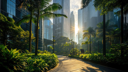 A captivating urban scene showcasing a harmonious blend of skyscrapers and lush vegetation, creating a serene environment filled with warm morning light ideal for peaceful moments.の素材