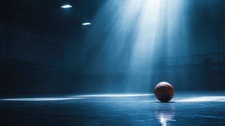 A solitary basketball rests on a polished court, illuminated by dramatic beams of light penetrating a dark gym. This image conveys a sense of stillness and anticipation in sports.の素材