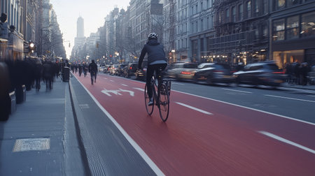 A dynamic view of a cyclist navigating a vibrant bike lane amidst busy urban life, showcasing the energy of traffic and pedestrians in a bustling city setting.の素材