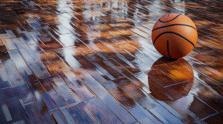 A striking basketball rests on a glossy wooden floor, reflecting warm light. This image captures the spirit of sports, energy, and action, perfect for promoting athleticism and dynamic environments.の素材