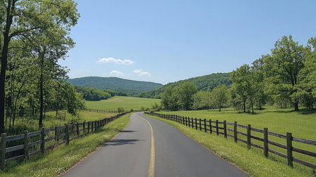 A picturesque country road invites travelers through vibrant green fields and gentle hills under a beautiful blue sky, perfect for capturing nature's serene beauty.の素材