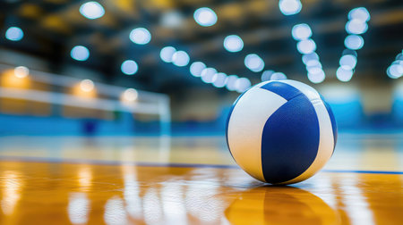 A vibrant volleyball lies on a polished wooden court, set against a blurred backdrop of a well-lit indoor sports facility, capturing the essence of athleticism and teamwork.の素材