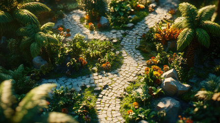A serene tropical garden pathway surrounded by vibrant flora, lush greenery, and beautifully arranged stones, inviting exploration in a tranquil outdoor landscape.の素材