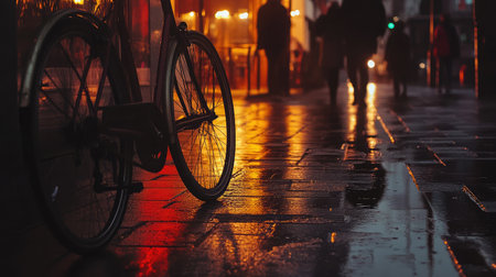 A captivating urban scene featuring a bicycle resting on wet pavement, illuminated by city lights after rain, creating a serene and artistic atmosphere perfect for evening strolls.の素材