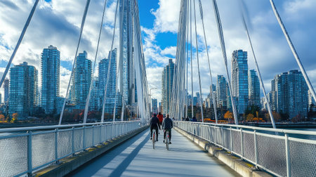 Two cyclists ride along a stunning cable-stayed bridge, surrounded by a vibrant city skyline, showcasing the beauty of urban life under a bright sky.の素材