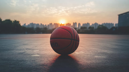 A vibrant sunset casts a warm glow over a basketball lying on an outdoor court, capturing the essence of sports, leisure, and urban life against a stunning skyline.の素材
