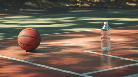 A vibrant basketball and a refreshing water bottle are positioned on an outdoor court, highlighting the importance of hydration in an active lifestyle under the warm sunshine.の素材