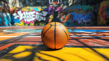 A single basketball rests on a vibrant urban court decorated with street art, capturing the essence of youth culture and the joy of outdoor play in a dynamic city environment.の素材