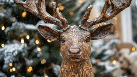 A beautifully crafted deer sculpture featuring majestic antlers, set against a backdrop of soft snowfall and glowing holiday lights, ideal for seasonal displays.の素材