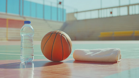 A water bottle, basketball, and towel are positioned on a colorful basketball court, ideal for showcasing elements of an energetic sports routine or practice session.の素材