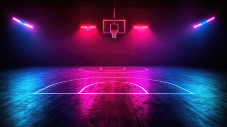 Experience a vibrant basketball court illuminated by neon lights, creating a stunning atmosphere perfect for sports visuals, creative designs, and energetic themes.の素材