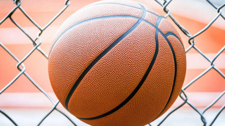 A vivid close-up image of a basketball caught on a chain-link fence, creating an energetic vibe that captures the essence of outdoor sports and competitions.の素材