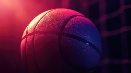 This close-up image captures a basketball in motion, illuminated by colorful lights, emphasizing the energy and excitement of the sport in a dynamic setting.の素材