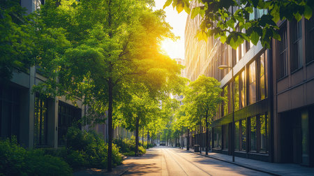 This image showcases a peaceful urban street lined with vibrant green trees, basking in warm sunlight, offering a serene escape in a modern city environment.の素材