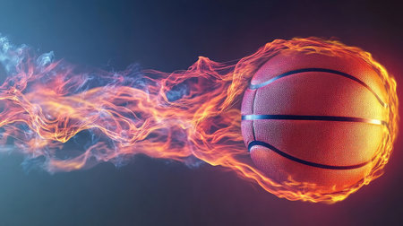 A stunning image of a basketball in mid-motion surrounded by vibrant flames and dynamic smoke effects. This artwork embodies the spirit of competition and athletic excellence.の素材