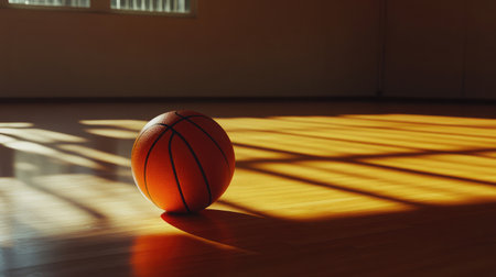 A captivating image of a basketball alone on a wooden court illuminated by soft sunlight, emphasizing the tranquility and focus of the sport in a quiet space.の素材