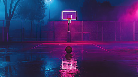 A striking image of a basketball court at night, illuminated by vibrant neon lights, showcasing a lone basketball on a wet surface, perfectly capturing the surreal essence of urban life.の素材