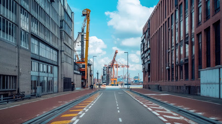 Scenic view of an urban industrial area featuring shipping cranes and modern architecture under a bright sky, highlighting the bustling activity of port logistics.の素材