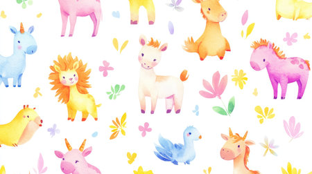 Delightful whimsical animals in pastel colors surrounded by flowers create a joyful and playful atmosphere perfect for children's art, invitations, and nursery decor.の素材