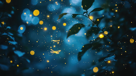 Discover a magical night scene featuring glowing fireflies dancing among lush green leaves, creating a tranquil atmosphere in a mysterious forest landscape.の素材
