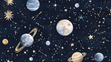 Discover a stunning illustration showcasing a vibrant array of planets, stars, and constellations against a deep dark background, perfect for cosmic themes and designs.の素材