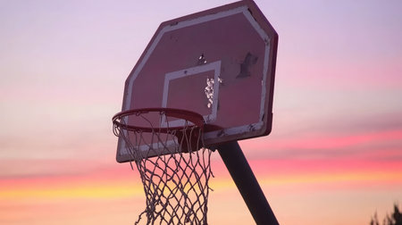 A weathered basketball hoop stands under a stunning sunset sky featuring vibrant colors of orange, pink, and purple, evoking feelings of nostalgia and outdoor play.の素材