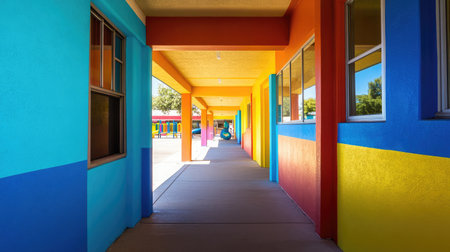 This image captures a vibrant hallway bathed in sunlight, showcasing colorful walls in shades of blue, orange, and yellow, creating a cheerful and inviting atmosphere.の素材