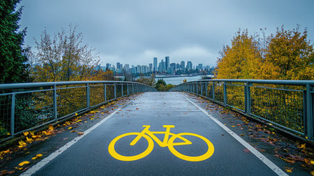 A picturesque urban bicycle path featuring bright yellow lane markings, surrounded by autumn foliage with a modern city skyline against a dramatic cloudy backdrop.の素材