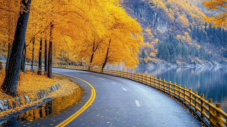 Experience the beauty of autumn with a winding road framed by golden trees and a tranquil lake, creating a perfect serene landscape for nature lovers.の素材