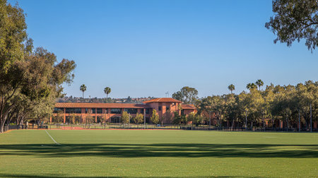 Bright green sports field under a clear blue sky, surrounded by beautiful trees and modern buildings, perfect for various outdoor activities and events in a vibrant setting.の素材