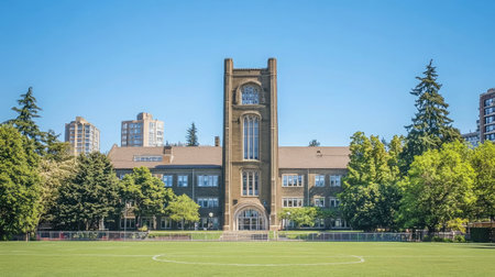 A picturesque historic school building stands tall against a backdrop of modern apartments, emphasizing the blend of education and urban living in a serene environment.の素材