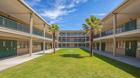 A vibrant modern educational campus featuring a central green lawn surrounded by classrooms and palm trees, ideal for projects related to architecture or school environments.の素材