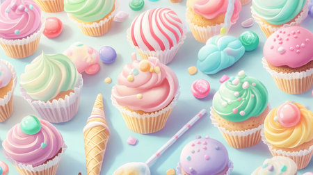 Vibrant collection of colorful cupcakes and sweets on a soft blue backdrop, ideal for festive occasions, baking inspiration, and dessert-themed designs.の素材