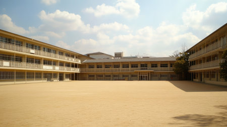 A tranquil schoolyard featuring a spacious sandy courtyard, surrounded by modern educational buildings under a bright blue sky with clouds, perfect for learning and community activities.の素材