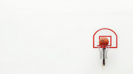 A captivating image of a basketball hoop showcasing a ball resting in the rim, highlighting the essence of sport and competition in a stylish yet simple manner.の素材