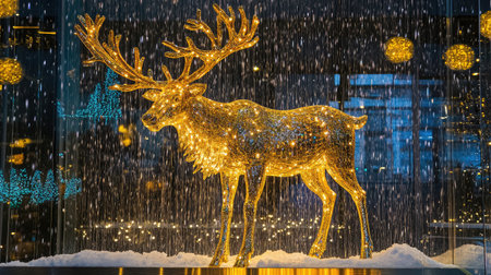 A captivating golden reindeer sculpture adorned with lights is showcased against a backdrop of falling snow, creating a magical festive atmosphere for holiday celebrations.の素材