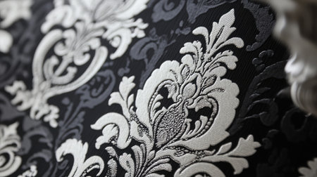 Exquisite black and white damask pattern featuring intricate floral designs, perfect for enhancing home decor, textile projects, and adding a touch of elegance to various designs.の素材