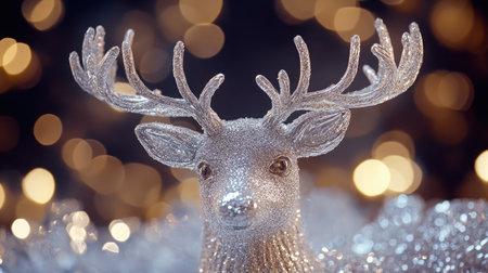 A stunning silver reindeer figurine glistens against a backdrop of soft, warm lights, creating an enchanting atmosphere for holiday decorations and celebrations.の素材
