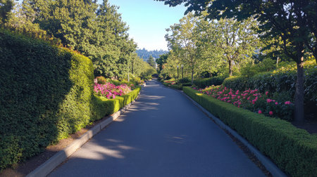A serene street lined with lush greenery and blooming flowers creates a peaceful atmosphere in a vibrant park, inviting relaxation and enjoyment of nature's beauty.の素材
