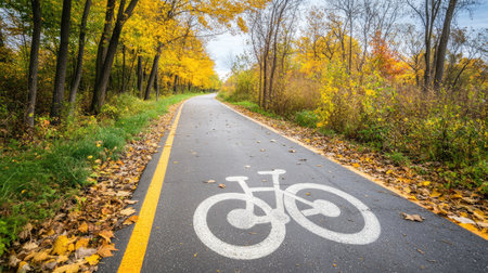 A beautiful autumn bicycle path inviting cyclists to enjoy nature, featuring vibrant foliage and peaceful surroundings, perfect for outdoor leisure and exercise.の素材