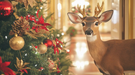 A charming holiday scene with a realistic deer figurine standing next to a beautifully decorated Christmas tree, creating a warm and inviting atmosphere perfect for the festive season.の素材
