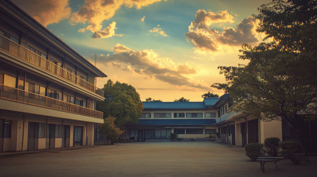 A serene school courtyard bathed in golden light during sunset, featuring dramatic clouds and an inviting atmosphere of tranquility and solitude.の素材