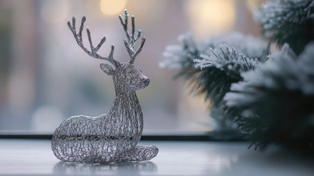 A stunning wireframe reindeer decoration sits elegantly on a frosted window sill, surrounded by soft pine foliage, radiating a magical winter atmosphere and festive cheer.の素材