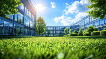 A vibrant courtyard featuring lush green grass and beautiful trees surrounded by modern buildings, illuminated by bright sunlight under a clear blue sky.の素材