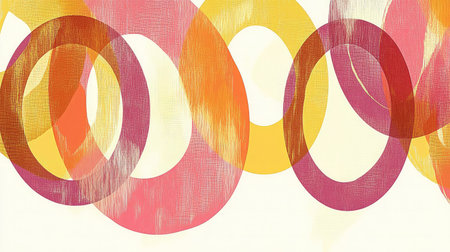 A dynamic and colorful abstract artwork showcasing intersecting circles in shades of pink, orange, yellow, and red, ideal for enhancing modern interior spaces.の素材