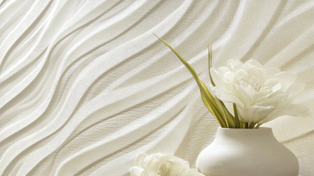 A stunning white floral arrangement in a minimalist vase beautifully contrasts with a textured wave background, perfect for modern home decor and aesthetic inspiration.の素材