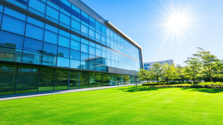 A striking modern office building featuring a sleek glass facade surrounded by vibrant green grass and trees, illuminated by bright sunlight on a clear day.の素材