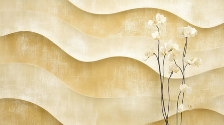 Delight in the serene beauty of white orchids set against soft golden waves, perfect for enhancing any interior space with elegance and charm. Ideal for decoration ideas.の素材