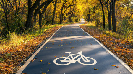 A beautiful autumn scene featuring a winding bicycle path through golden trees, vibrant foliage, and fallen leaves, perfect for outdoor activities and enjoying nature.の素材